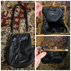 Vtg Made For Higbee In ENGLAND Kid Skin Handbag/Purse Black W/Gold Hardware 50's